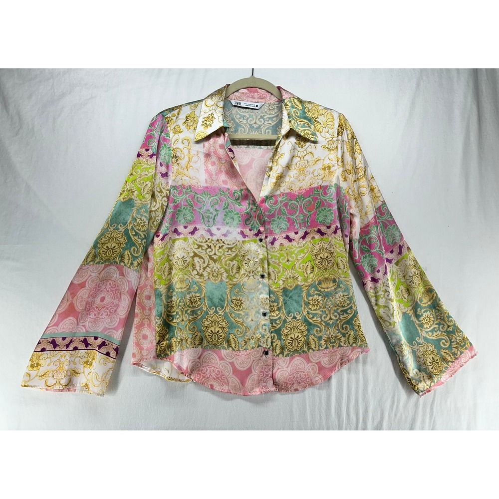 Zara Womens Baroque Patchwork Print Button Down Shirt Pink Green Gold Small